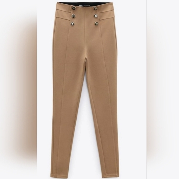 Zara Ponte Pants Tan Pull On High Waist Trousers Camel Leggings Business Casual - Picture 1 of 9